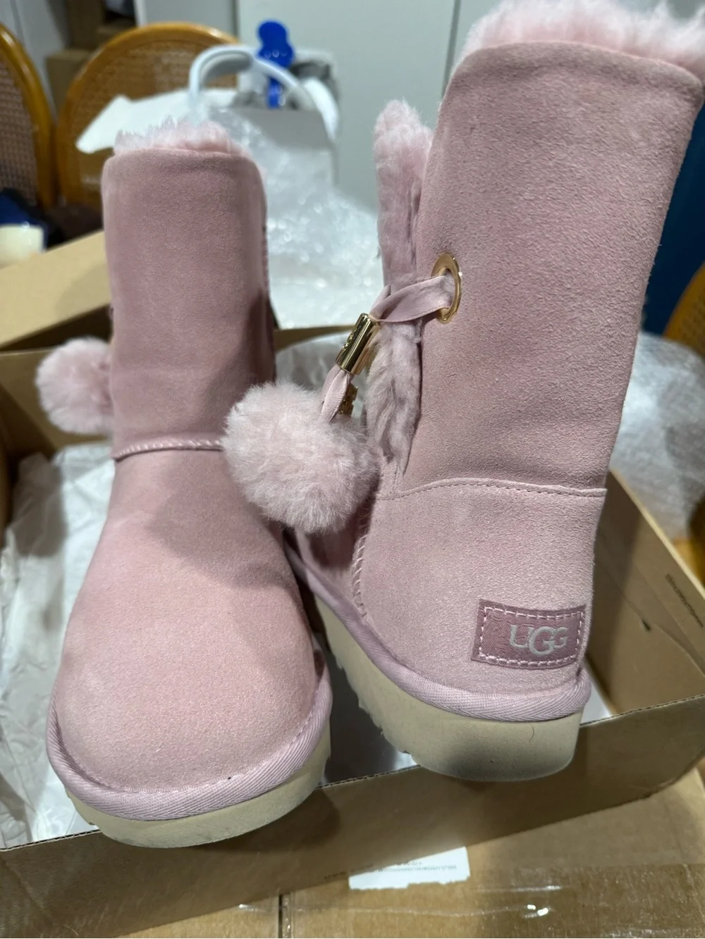 UGG Girls' Pink Faux-Suede Pom Pom Winter Boots